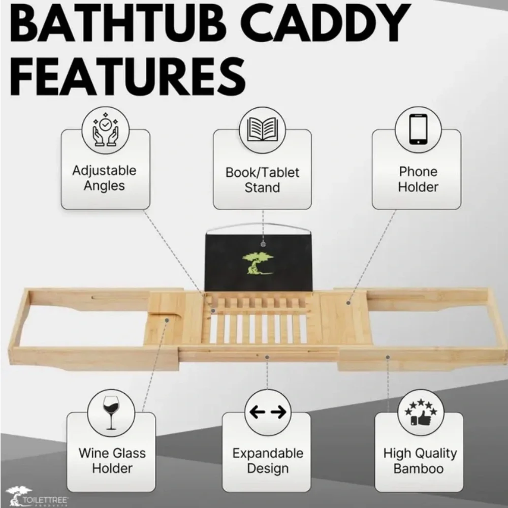 NIB BAMBOO BATHTUB CADDY, EXTENDABLE TRAY, BOOK/TABLET HOLDER, WINE GLASS HOLDER